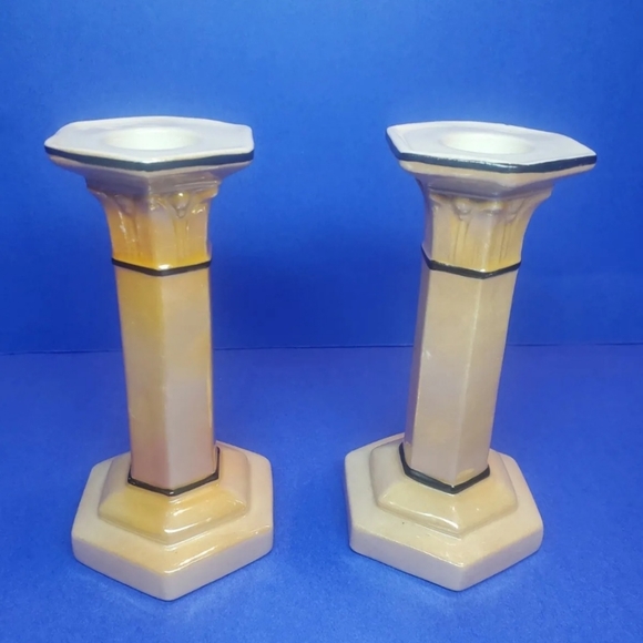 Pedestal Roman Column Candlestick Holders Vintage Lusterware Unique Peach Beige - Picture 9 of 9